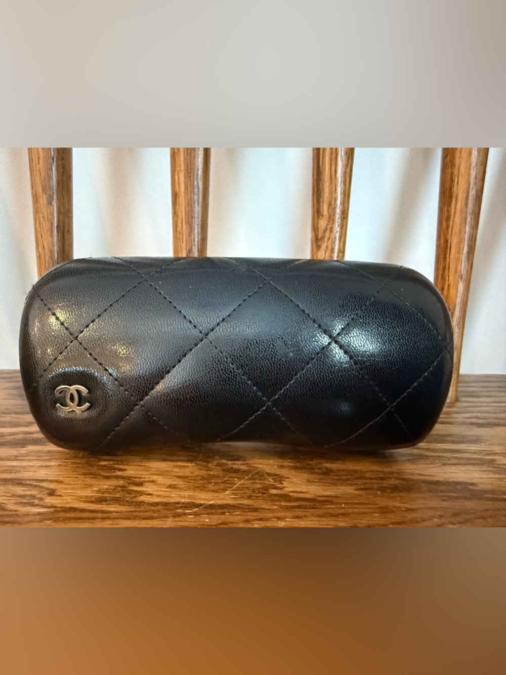 Authentic Chanel Quilted Black Leather Hard Sunglasses Eyeglass Case